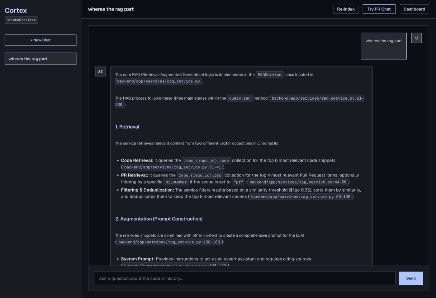 Cortex answering a repository question with cited code references